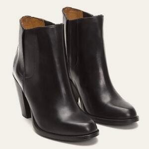 FRYE Jenny Jet Ankle Boots Leather Stacked Block Heeled Chelsea, Black